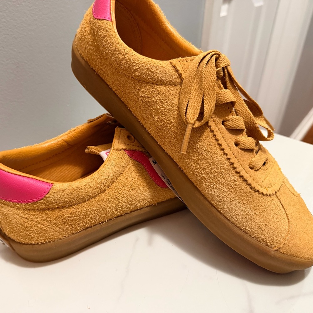 Vans camel suede lace up sneakers and pink accents